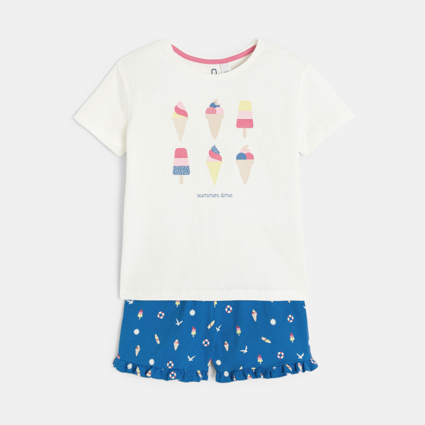 بيجاما شورت قطعتين من الجيرسيه، بيضاء اللون للفتيات